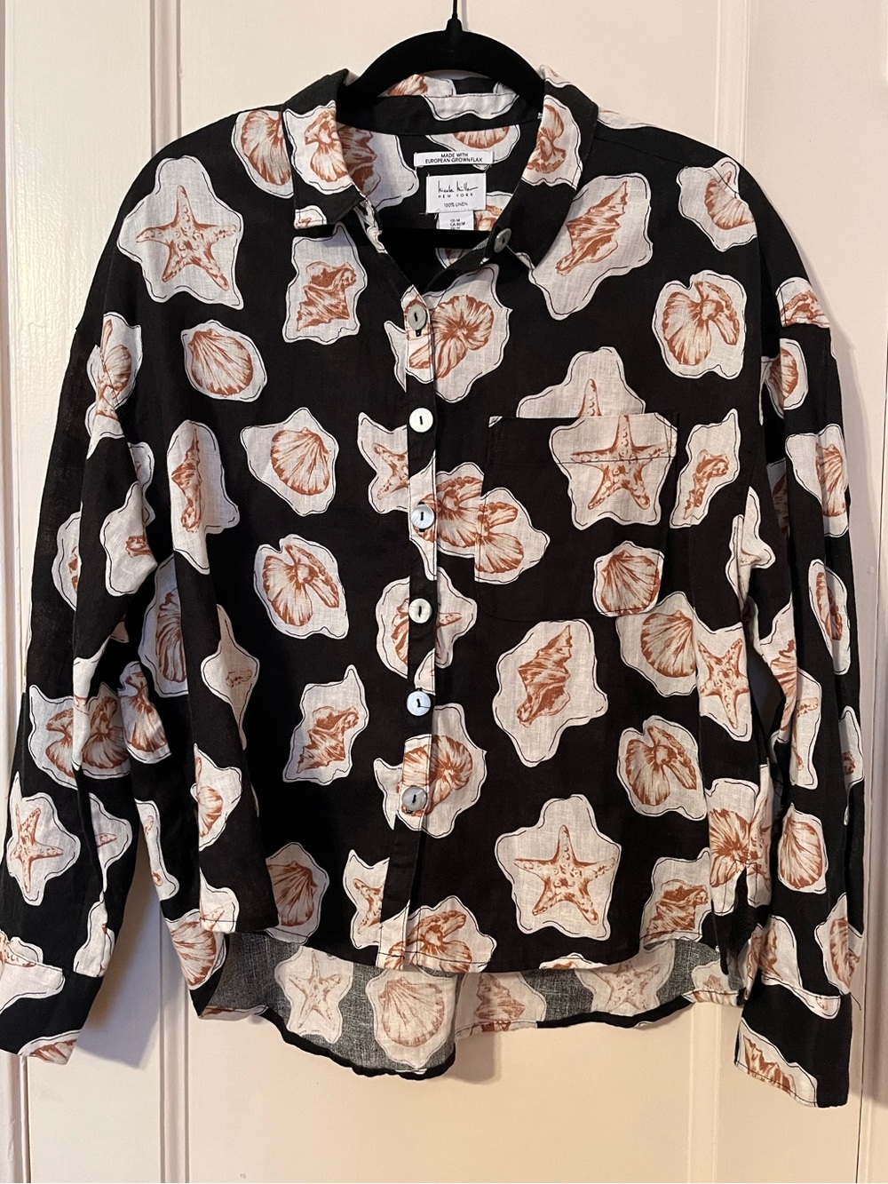 Nicole Miller New York 100% Linen Seashell Print Button Front Shirt Medium